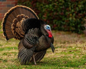 Domestic turkey with colorful plumage walking around a grassy outdoor area