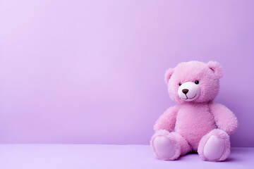 Obraz premium An adorable pink teddy bear brings joy and amusement, sitting on a white table. This childhood friend is AI Generative.
