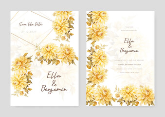 Yellow dahlia modern wedding invitation template with floral and flower