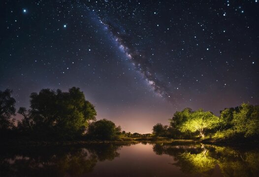 AI generated illustration of a tranquil nightscape of a river reflecting the milky way
