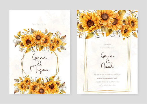 Yellow and orange sunflower artistic wedding invitation card template set with flower decorations