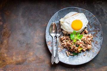 Stir fried Thai basil with minced pork and a fried egg