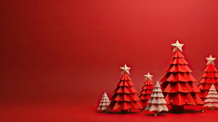 Christmas banner postcard in paper cut style. Illustration of a decorated Christmas tree with snow falling on a red background, 3D illustration
