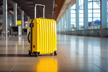 Airport ambiance Yellow suitcase in the blurred interior of a typical terminal. AI Generative marvel in the contemporary scene enhances the travel concept.