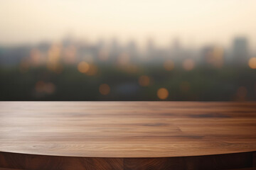 A blank wooden table with a blurred background in a dark restaurant. Perfect for cafes and product display. This description is AI Generative. - obrazy, fototapety, plakaty