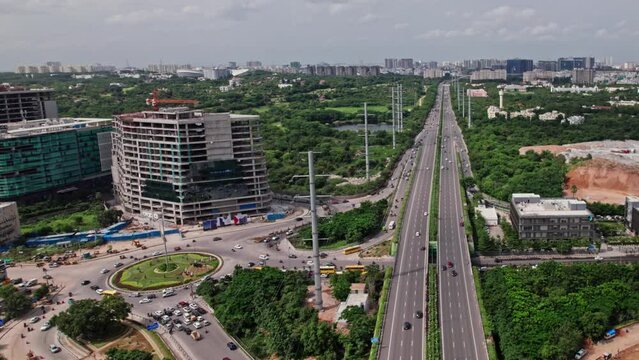 hyderabad nehru outer ring road aerial view drone shot at Financial District Circle, Nanakramguda, hyderabad, telangana.