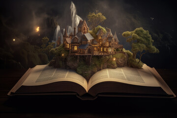 Fairy Tale Book. Open book and Fairy Town. Fairyland book with a magical Castle. Fantastic reading world. Reading and imagination concept	
