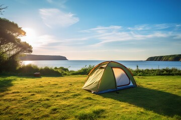 Camping tent and camping equipment on green grass with sea view background