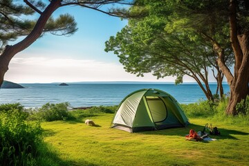 Camping tent and camping equipment on green grass with sea view background - obrazy, fototapety, plakaty