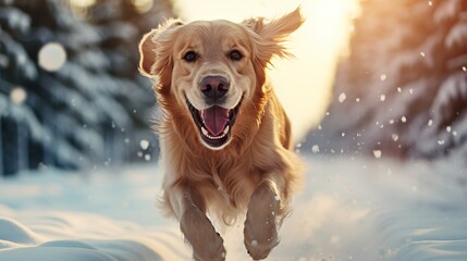 A retriever dog runs towards the camera through fresh snow against the backdrop of snow-covered fir trees.