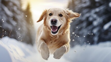 A retriever dog runs towards the camera through fresh snow against the backdrop of snow-covered fir trees. - obrazy, fototapety, plakaty