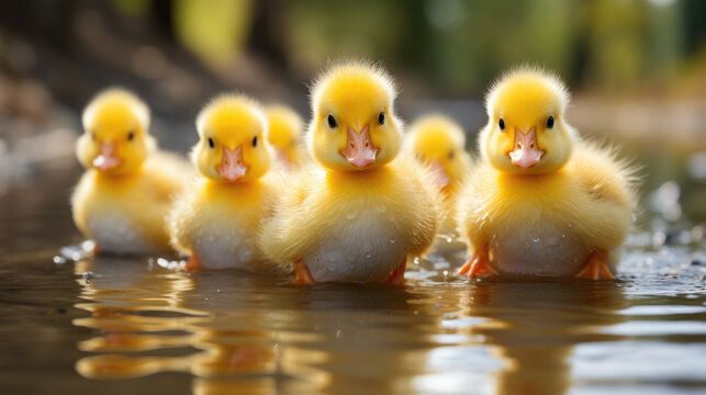 Ducks Swimming In A Row With Reflection Leaders, Background Image, Hd
