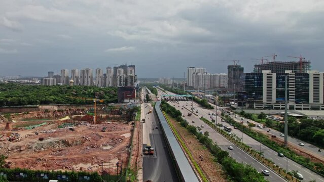 nehru outer ring road toll both aerial view drone shot at Nanakramguda, hyderabad, telangana.