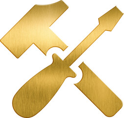 Golden icon tool hammer wrench work spanner maintenance fix repair equipment metal setting men at...