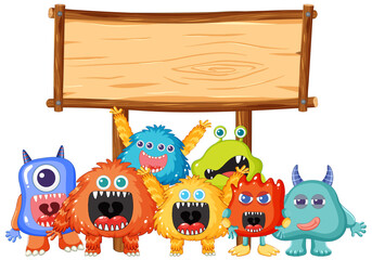 Fototapeta premium Cute Alien Monsters Cartoon in Wooden Frame