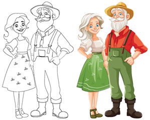 Happy Old Couple Farmer Cartoon Character