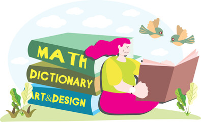 student reading book in unique style soft color vector illustration