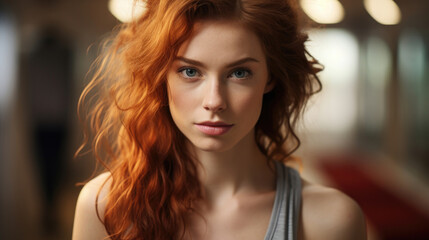 Fototapeta premium Fit Relaxed Redhead Young Woman Practices Stretching, Background Image, Hd