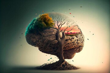 AI generated illustration of a tree with deep roots shaping a brain with its branches - obrazy, fototapety, plakaty