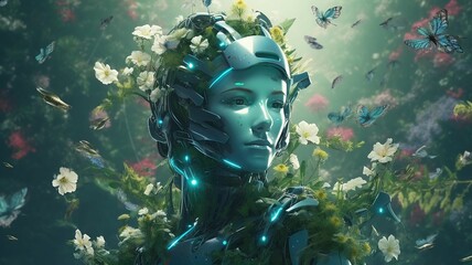 AI generated illustration of a robotic woman figure adorned with flower petals and butterflies - obrazy, fototapety, plakaty