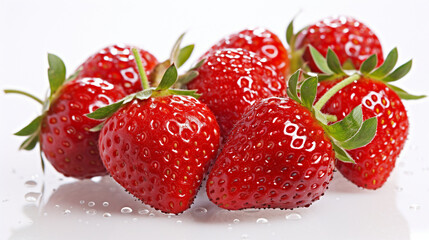 A close-up of a bunch of succulent red strawberries, glistening with dew, set against a pristine