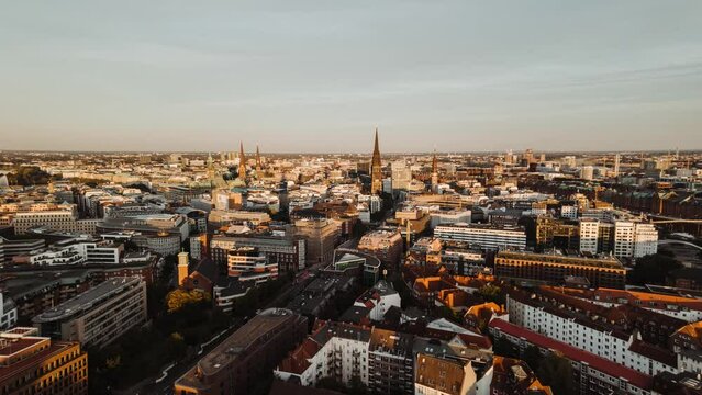 timelapse of the city of hamburg, germany, europe, from Hauptkirche St. Michaelis, st. michaelis church, showing Hauptkirche Sankt Nikolai and Handelskammer Hamburg