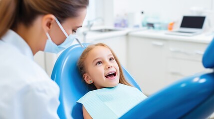 Fototapeta premium Cute girl open mouth for checkup and treatment of teeth at dentist clinic