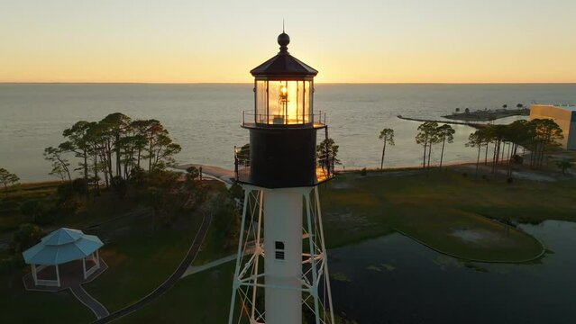 Drone flyover of the Cape San Blas Lighthouse in Port St. Joe, Florida during sunset