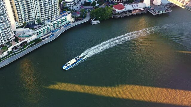 Aerial top down view tracking shot capturing a public transportation Citycat ferry cruising on Brisbane river.