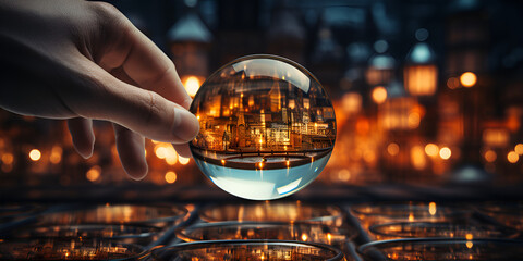 A hand holds a glass sphere with a city on it Glass globe for environment and conservation. Global business or education concepts. AI Generative

