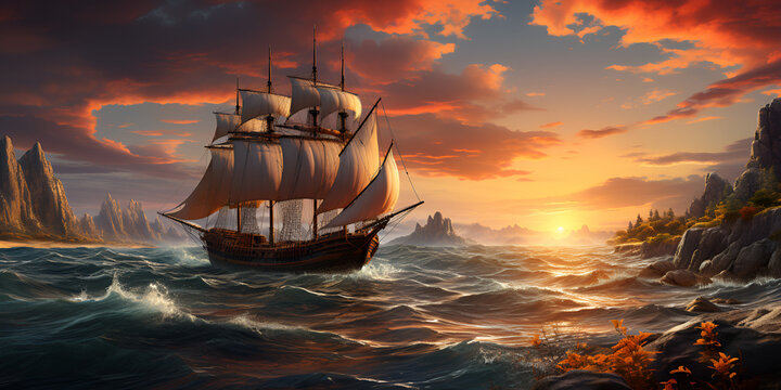 Painting of a ship in the ocean with a sunset in the background. Oceanic Voyage at Sunset AI Generative