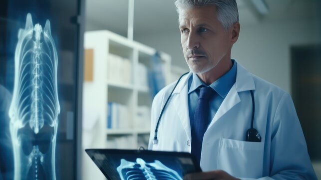 Male Doctor looking x-ray film at doctor's office, Hospital, lungs and chest x-ray report