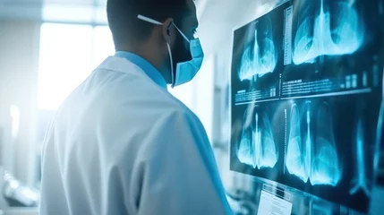 Foto op Plexiglas Male Doctor looking x-ray film at hospital laboratory, Doctor and chest x-ray report blue tone © ETAJOE