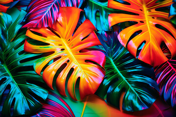 Artistic design using vibrant tropical leaves in fluorescent hues.Bright image. - obrazy, fototapety, plakaty