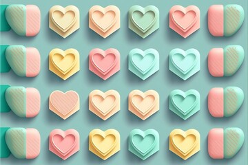 AI generated illustration of colorful pastel hearts on a blue background