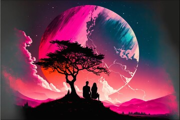 AI generated illustration of a young couple enjoying sunset