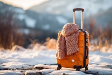 travel luggage with winter hat on mountian snow beautiful winter season landscape travel ideas cocnept background - obrazy, fototapety, plakaty
