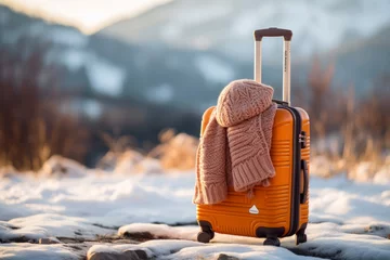 Foto op Plexiglas travel luggage with winter hat on mountian snow beautiful winter season landscape travel ideas cocnept background © VERTEX SPACE