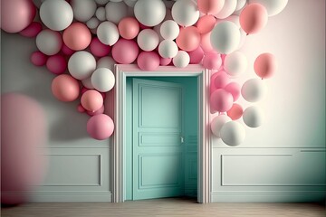 AI generated illustration of a half-open door framed with pink and white balloons -surprise concept