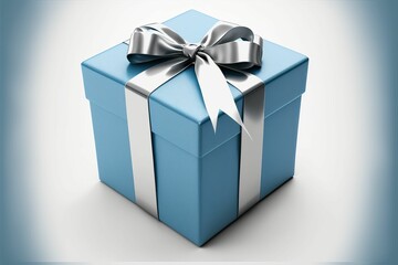 AI-generated illustration of a light blue gift box with a silver ribbon.