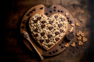 AI-generated illustration of chocolate chip cookies in shapes of hearts. Valentine's day concept.