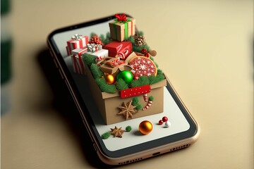AI-generated illustration of a smartphone with gifts. Christmas presents, festive concept.