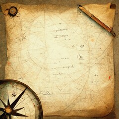 AI generated digital art of old blank pirate nautical treasure map with compass
