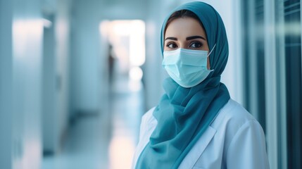 Fototapeta na wymiar Muslim female Doctor with face mask at hospital, Arab person.