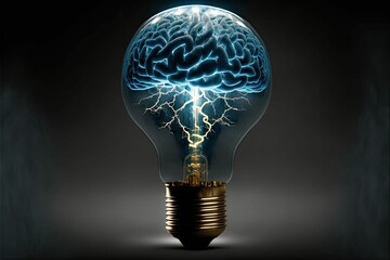 AI generated illustration of a light bulb with human brain inside