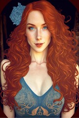 Fototapeta premium AI generated illustration of a redhead girl with blue eyes portrait