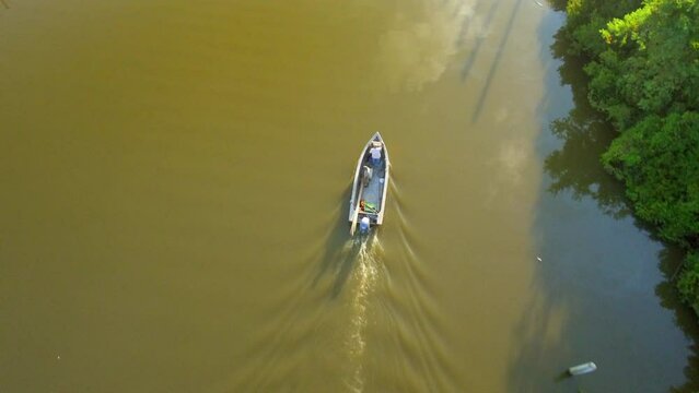 Aerial Forward Shot Of People Sailing Boat In Brown River Near Plants - Bayou, Louisiana