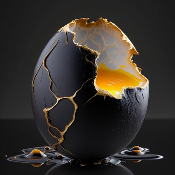 AI generated illustration of a cracked black egg with its yolk poured down on a black background
