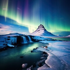 Beautiful landscape kirkjufell mountain at iceland, Waterfall with aurora winter season.