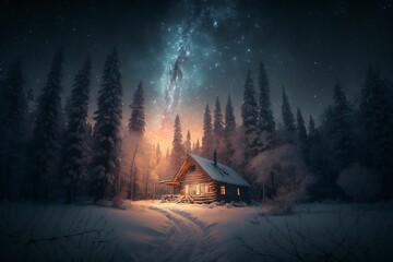 Wooden cabin nestled in a winter wonderland illuminated by a starry night sky, AI-generated. - obrazy, fototapety, plakaty